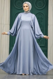 Tesettürlü Abiye Elbise - Kuyruklu Mavi Tesettür Saten Abiye Elbise 60201M - Thumbnail