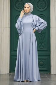 Tesettürlü Abiye Elbise - Kuyruklu Mavi Tesettür Saten Abiye Elbise 60201M - Thumbnail