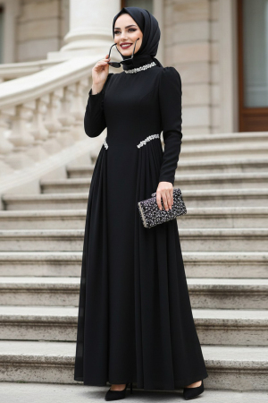 Tesettürlü Abiye Elbise - Kuyruklu Siyah Tesettür Abiye Elbise 4868S - N.S NEVA STYLE