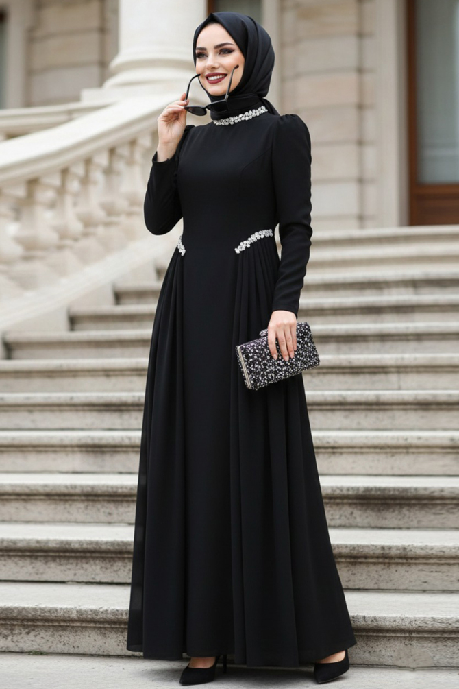 Tesettürlü Abiye Elbise - Kuyruklu Siyah Tesettür Abiye Elbise 4868S - 1