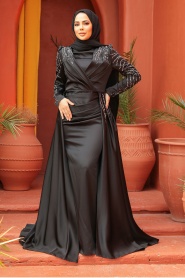 Tesettürlü Abiye Elbise - Kuyruklu Siyah Tesettür Saten Abiye Elbise 43381S - Thumbnail