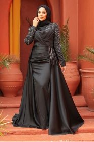 Tesettürlü Abiye Elbise - Kuyruklu Siyah Tesettür Saten Abiye Elbise 43381S - Thumbnail