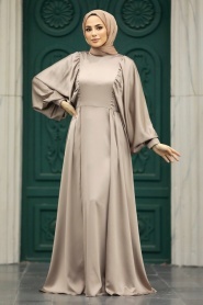 Tesettürlü Abiye Elbise - Kuyruklu Vizon Tesettür Saten Abiye Elbise 60201V - Thumbnail