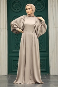Tesettürlü Abiye Elbise - Kuyruklu Vizon Tesettür Saten Abiye Elbise 60201V - Thumbnail
