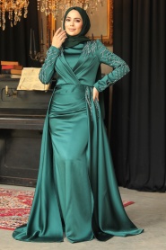 Tesettürlü Abiye Elbise - Kuyruklu Yeşil Tesettür Saten Abiye Elbise 43381Y - Thumbnail