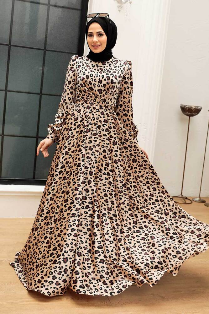 Tesettürlü Abiye Elbise - Leopar Desenli Tesettür Abiye Elbise 30640LP - 3