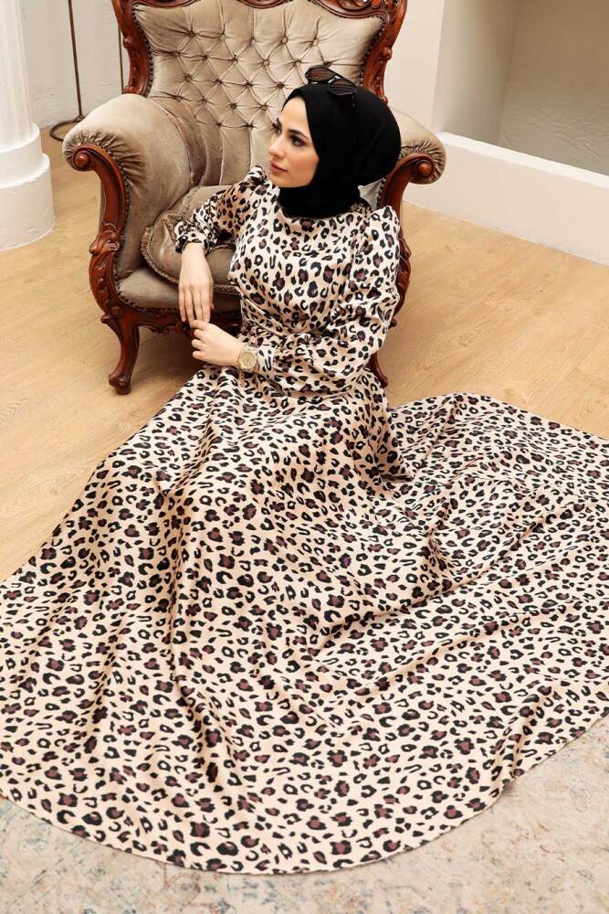 Tesettürlü Abiye Elbise - Leopar Desenli Tesettür Abiye Elbise 30640LP - 4