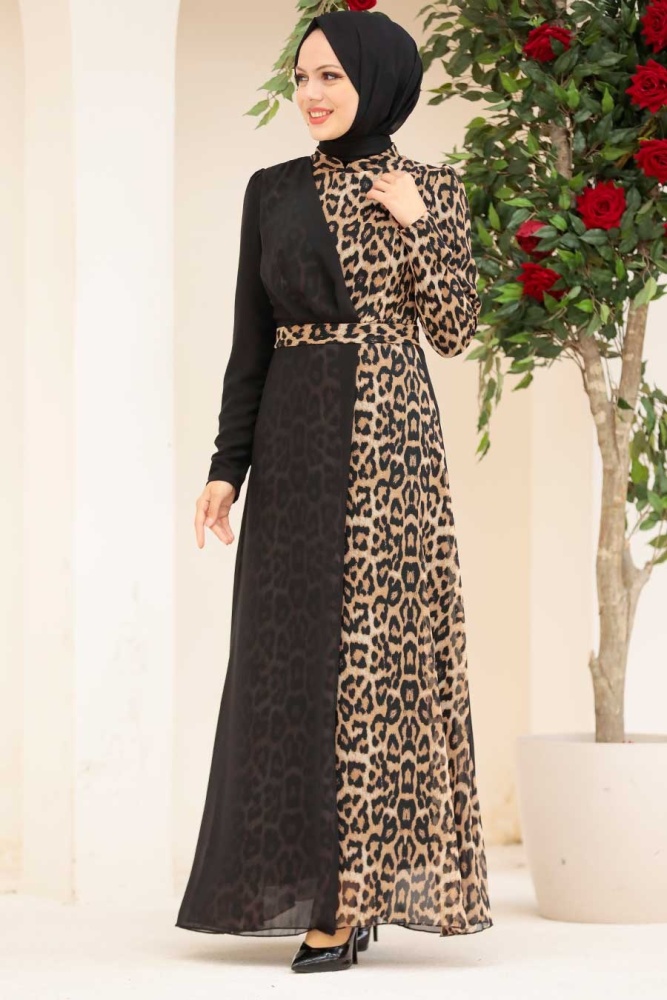 Tesettürlü Abiye Elbise - Leopar Desenli Tesettür Abiye Elbise 32433LP - 2