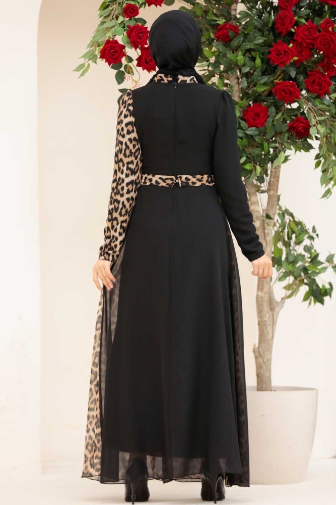 Tesettürlü Abiye Elbise - Leopar Desenli Tesettür Abiye Elbise 32433LP - 3