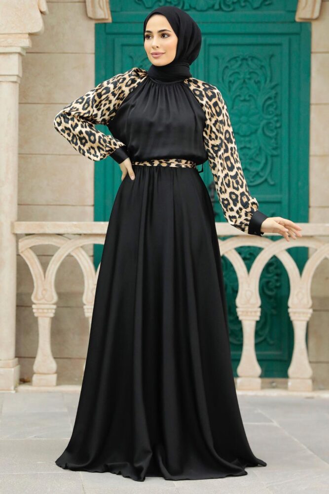 Tesettürlü Abiye Elbise - Leopar Detaylı Siyah Tesettür Saten Abiye Elbise 3859S - 1