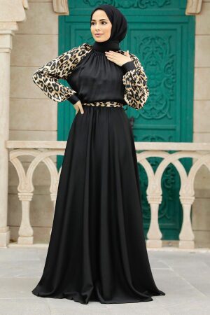 Tesettürlü Abiye Elbise - Leopar Detaylı Siyah Tesettür Saten Abiye Elbise 3859S - 2