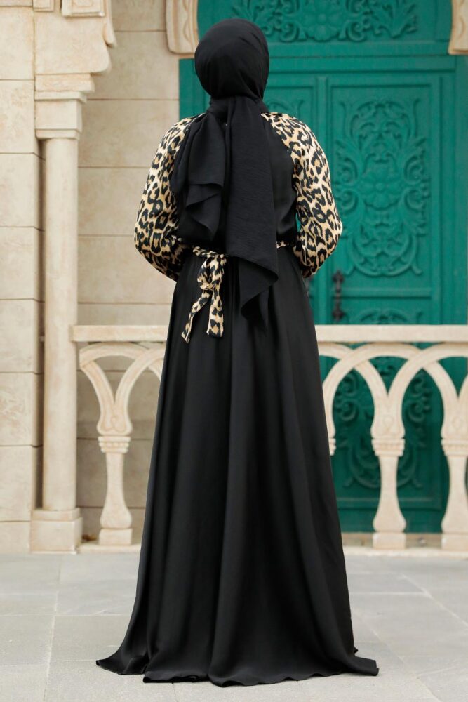 Tesettürlü Abiye Elbise - Leopar Detaylı Siyah Tesettür Saten Abiye Elbise 3859S - 3