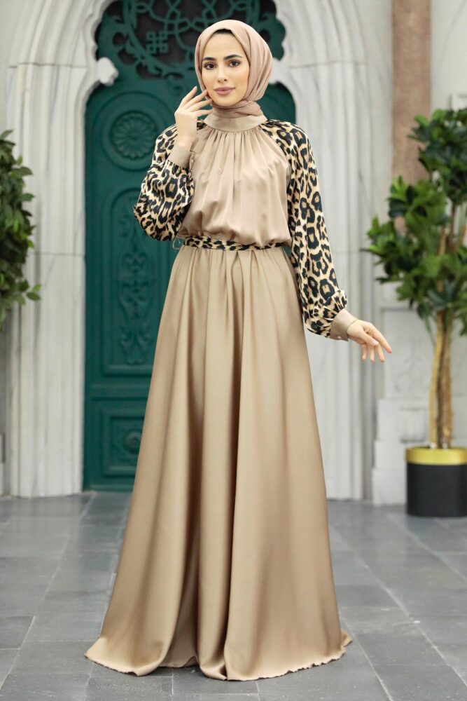 Tesettürlü Abiye Elbise - Leopar Detaylı Vizon Tesettür Saten Abiye Elbise 3859V - 2
