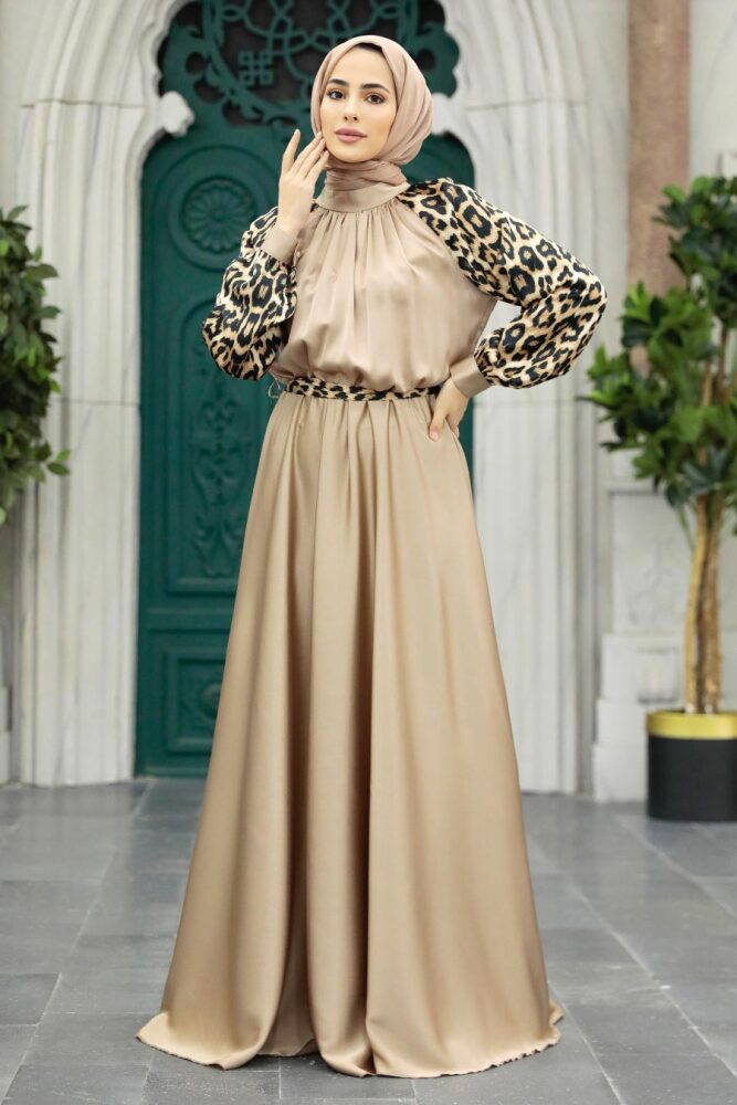 Tesettürlü Abiye Elbise - Leopar Detaylı Vizon Tesettür Saten Abiye Elbise 3859V - 1