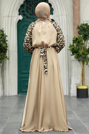 Tesettürlü Abiye Elbise - Leopar Detaylı Vizon Tesettür Saten Abiye Elbise 3859V - 3