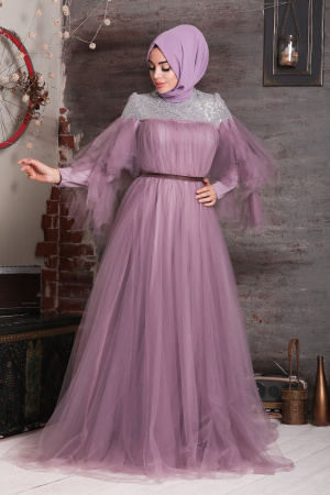 Tesettürlü Abiye Elbise - Lilac Islamic Clothing Evening Dress 40772LILA - 1