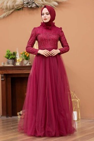 Tesettürlü Abiye Elbise - Mahogany Hijab Evening Dress 4074BR - Thumbnail