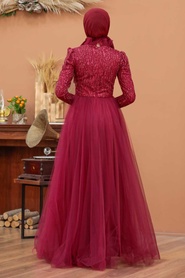 Tesettürlü Abiye Elbise - Mahogany Hijab Evening Dress 4074BR - Thumbnail