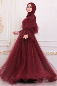 Tesettürlü Abiye Elbise - Mahogany Hijab Evening Dress 40772BR - Thumbnail