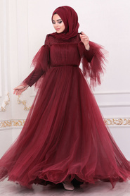 Tesettürlü Abiye Elbise - Mahogany Hijab Evening Dress 40772BR - Thumbnail
