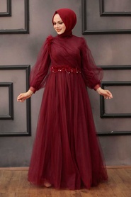 Tesettürlü Abiye Elbise - Mahogany Hijab Evening Dress 4079BR - Thumbnail