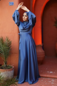 Tesettürlü Abiye Elbise - Mavi Saten Tesettür Abiye Elbise 38031M - Thumbnail