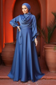 Tesettürlü Abiye Elbise - Mavi Saten Tesettür Abiye Elbise 38031M - Thumbnail