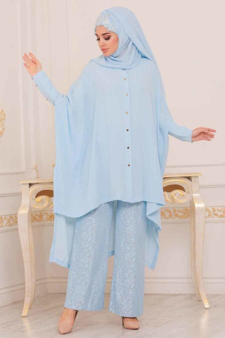 Tesettürlü Abiye Elbise - Tunik & Pantolon Mavi Tesettür Abiye Takım 3754M
