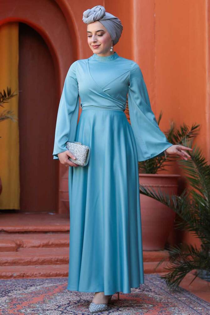 Tesettürlü Abiye Elbise - Mint Saten Tesettür Abiye Elbise 6157MINT - 1