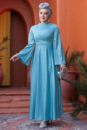 Tesettürlü Abiye Elbise - Mint Saten Tesettür Abiye Elbise 6157MINT - 2