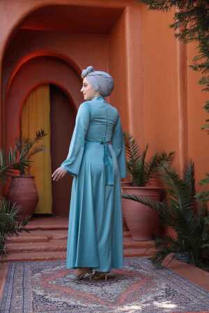 Tesettürlü Abiye Elbise - Mint Saten Tesettür Abiye Elbise 6157MINT - 4