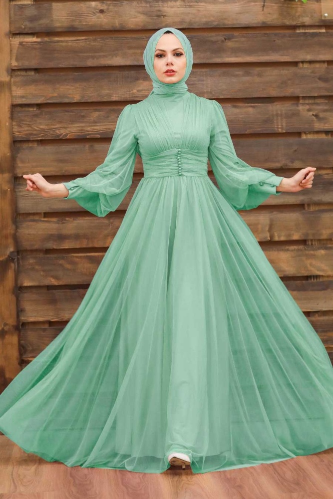 Tesettürlü Abiye Elbise - Mint Tesettür Abiye Elbise 5478MINT - 1