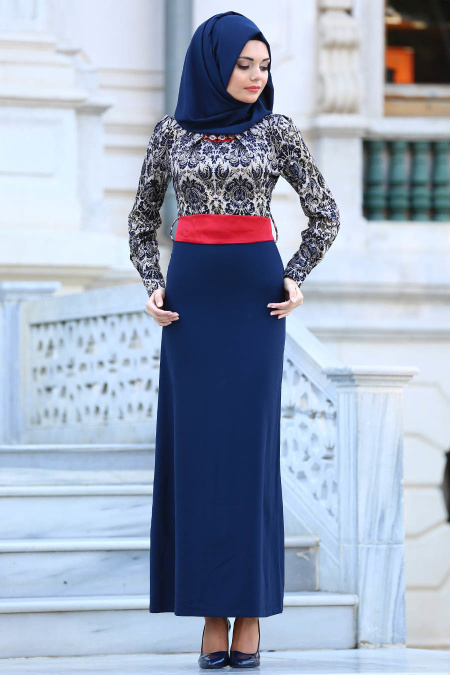 Tesettürlü Abiye Elbise - Navy Blue Hijab Dress 20344L