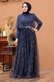 Tesettürlü Abiye Elbise - Navy Blue Islamic Clothing Evening Dress 41161L - Thumbnail