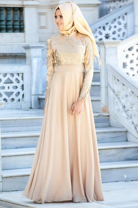Tesettürlü Abiye Elbise - Nervür Detaylı Gold Elbise 2228GOLD