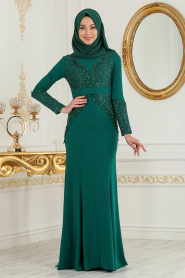 Tesettürlü Abiye Elbise - Nervür Detaylı Yeşil Tesettür Abiye Elbise 2109Y - Thumbnail