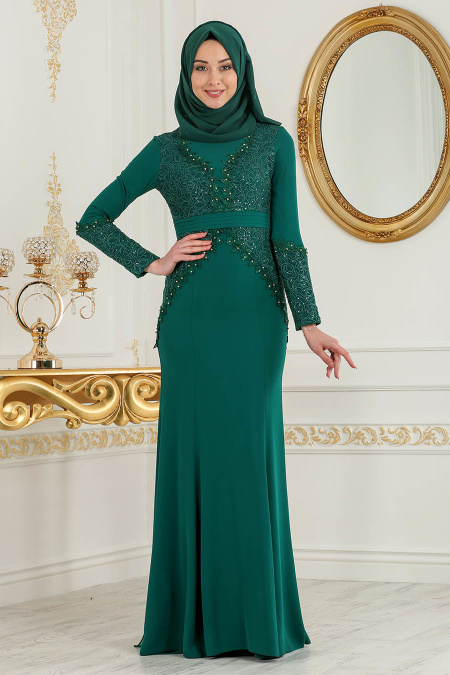Tesettürlü Abiye Elbise - Nervür Detaylı Yeşil Tesettür Abiye Elbise 2109Y