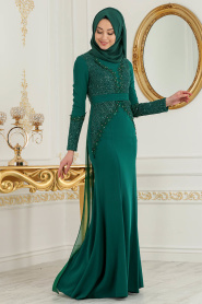 Tesettürlü Abiye Elbise - Nervür Detaylı Yeşil Tesettür Abiye Elbise 2109Y - Thumbnail