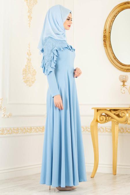 Tesettürlü Abiye Elbise - Omuzları Dantel Detaylı Bebek Mavisi Tesettür Abiye Elbise 3746BM - 2