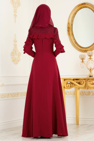 Tesettürlü Abiye Elbise - Omuzları Dantel Detaylı Kırmızı Tesettür Abiye Elbise 3746K - Thumbnail