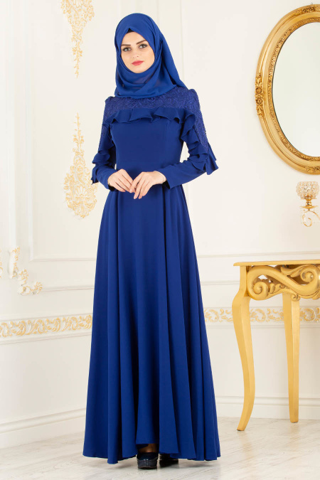 Tesettürlü Abiye Elbise - Omuzları Dantel Detaylı Sax Mavisi Tesettür Abiye Elbise 3746SX