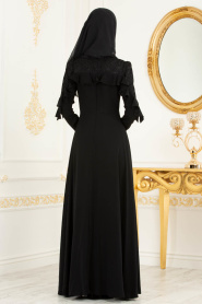 Tesettürlü Abiye Elbise - Omuzları Dantel Detaylı Siyah Tesettür Abiye Elbise 3746S - Thumbnail
