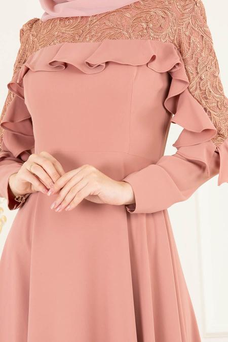 Tesettürlü Abiye Elbise - Omuzları Dantel Detaylı Somon Tesettür Abiye Elbise 3746SMN - 3