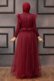 Tesettürlü Abiye Elbise - Omuzları Detaylı Bordo Tesettür Abiye Elbise 4067BR - Thumbnail