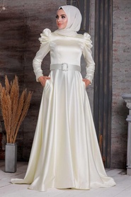 Tesettürlü Abiye Elbise - Omuzları Detaylı Ekru Tesettür Abiye Elbise 40801E - Thumbnail