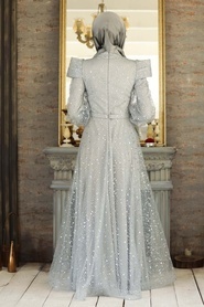 Tesettürlü Abiye Elbise - Omuzları Detaylı Gri Tesettür Abiye Elbise 41071GR - Thumbnail