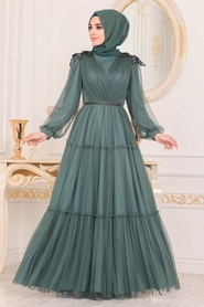 Tesettürlü Abiye Elbise - Omuzları Detaylı Yeşil Tesettür Abiye Elbise 4072Y - Thumbnail