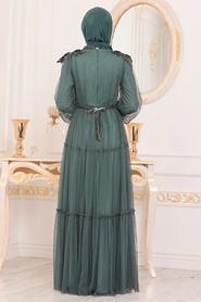 Tesettürlü Abiye Elbise - Omuzları Detaylı Yeşil Tesettür Abiye Elbise 4072Y - Thumbnail