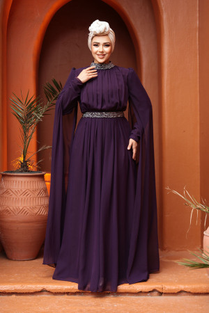 Tesettürlü Abiye Elbise - Omuzları Pelerinli Mürdüm Tesettür Abiye Elbise 25911MU - 2