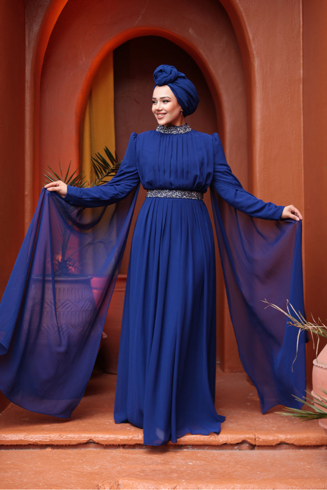 Tesettürlü Abiye Elbise - Omuzları Pelerinli Sax Mavisi Tesettür Abiye Elbise 25911SX - 2